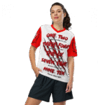 A Woman Wearing A Freddie Kruger Football Jersey