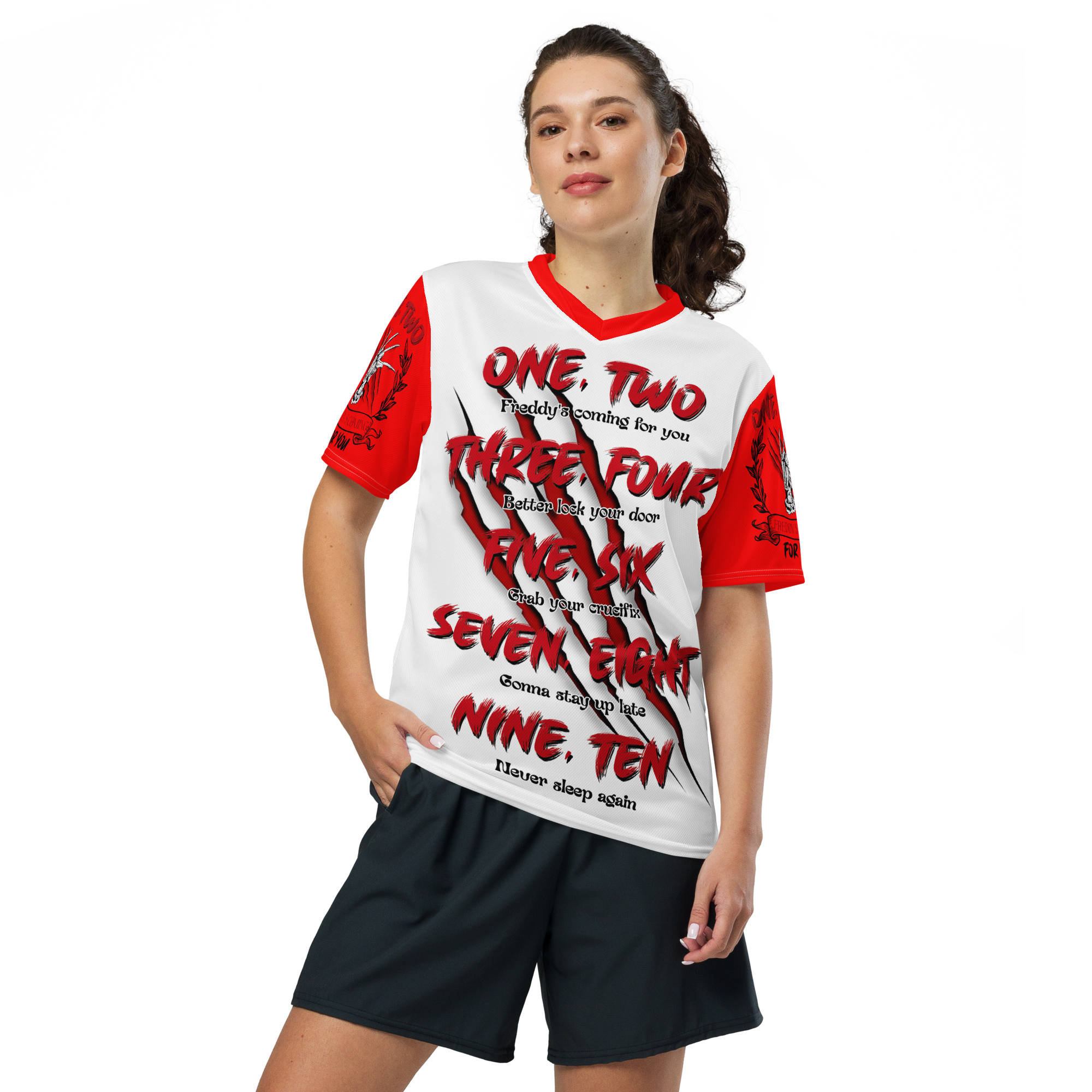 A Woman Wearing A Freddie Kruger Football Jersey